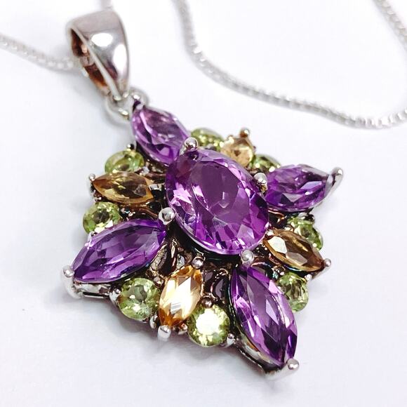 Sterling Silver Amethyst Peridot Citrine Floral Star Cluster Pendant Necklace - Picture 3 of 17
